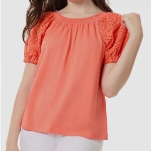 Jones New York Woman’s Petite Medium Short puff Sleeve Coral Orange Top. NWT